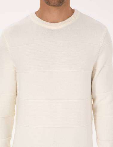 Ekru Slim Fit Bisiklet Yaka Triko Kazak