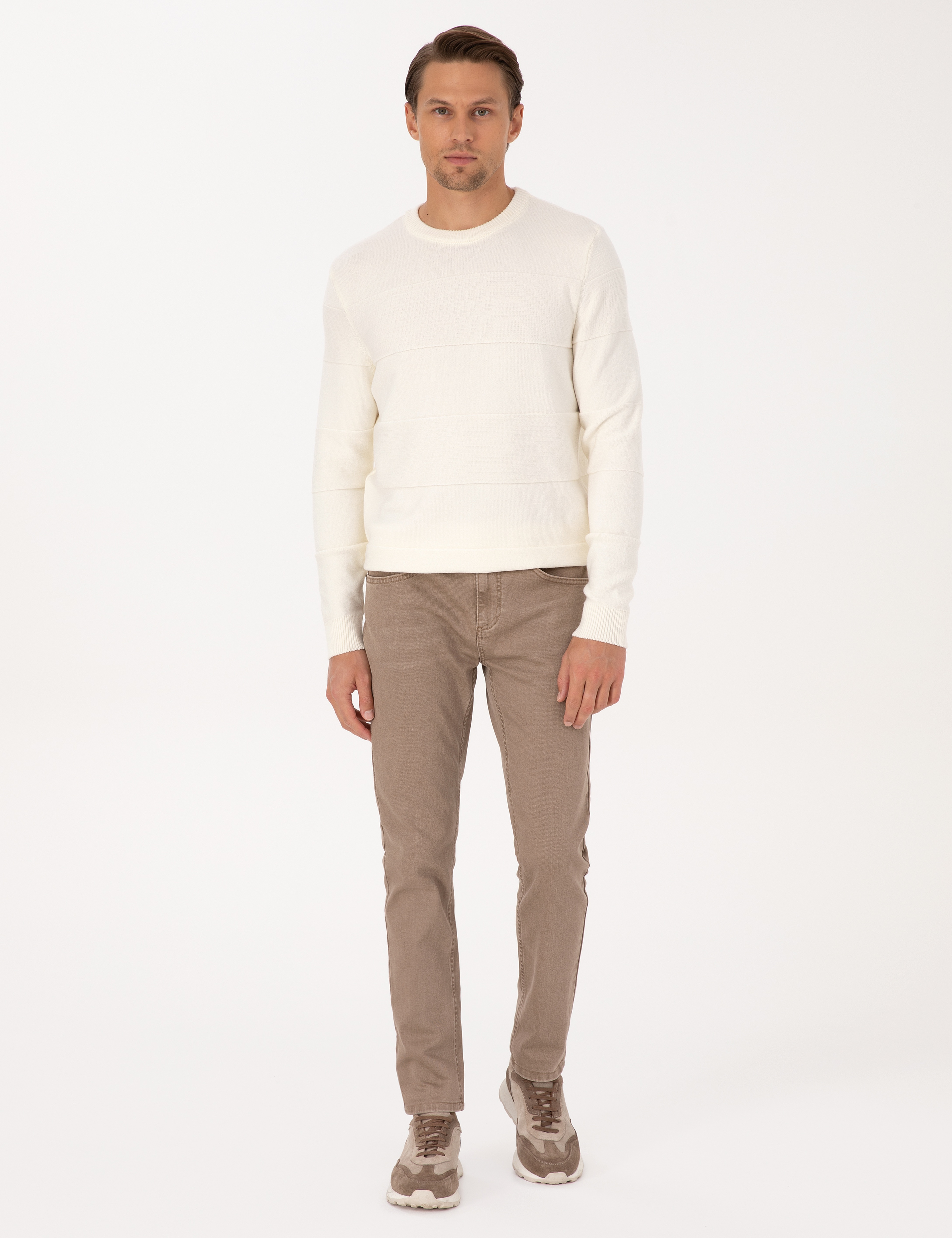 Ekru Slim Fit Bisiklet Yaka Triko Kazak - Image 4