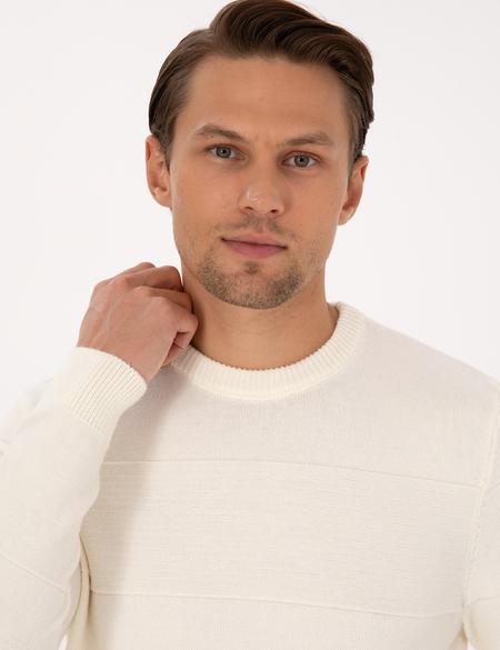 Ekru Slim Fit Bisiklet Yaka Triko Kazak - 50315713006