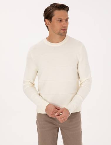 Ekru Slim Fit Bisiklet Yaka Triko Kazak