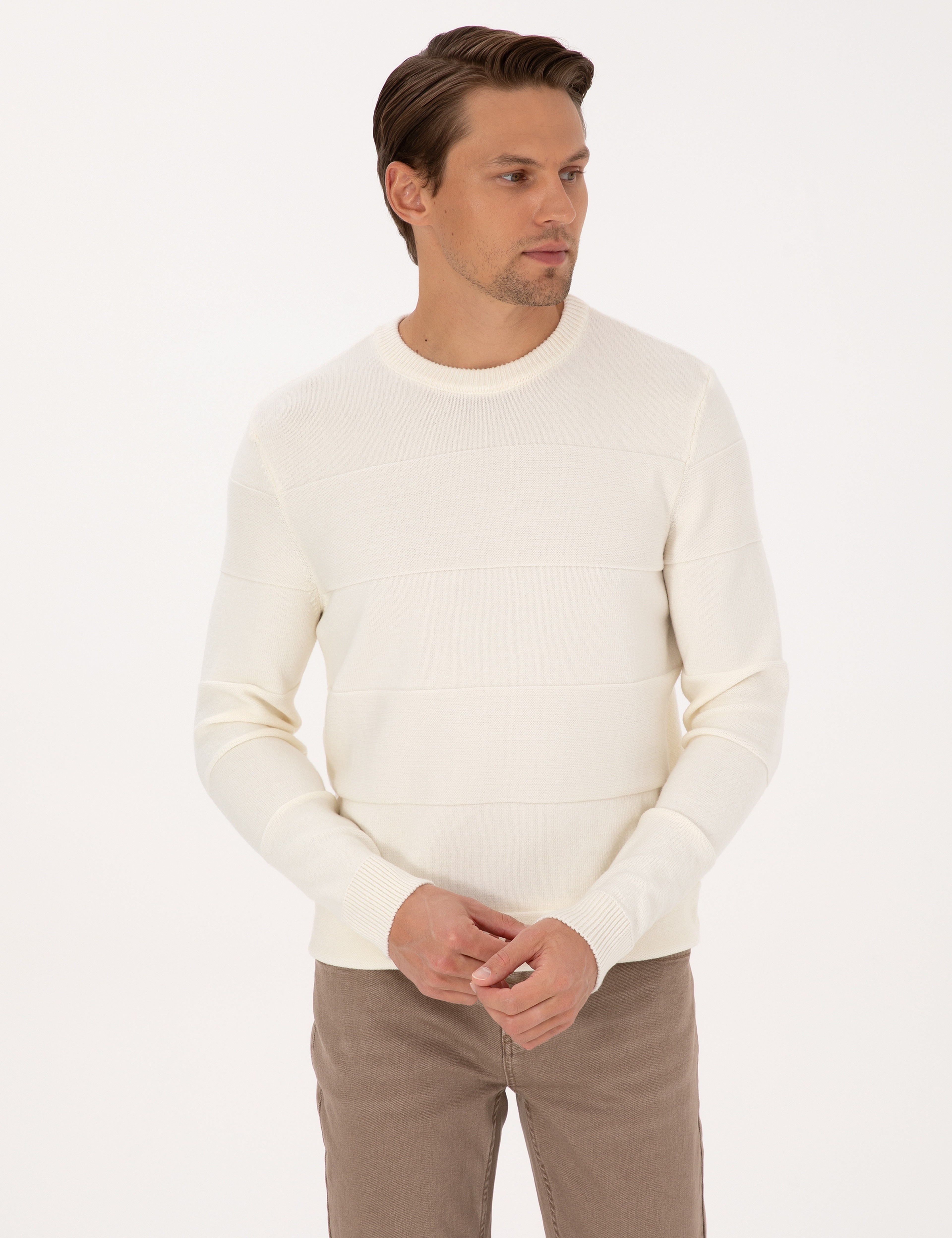 Ekru Slim Fit Bisiklet Yaka Triko Kazak - Image 1