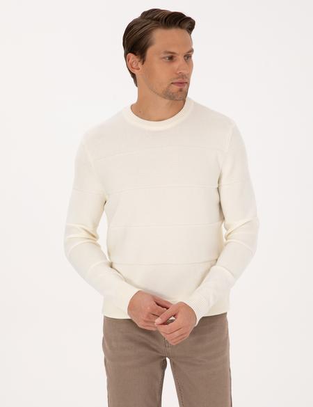 Ekru Slim Fit Bisiklet Yaka Triko Kazak - 50315713006