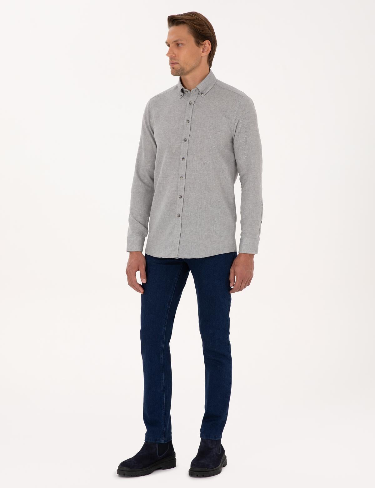 Gri Slim Fit Uzun Kollu Gömlek - 50316768016