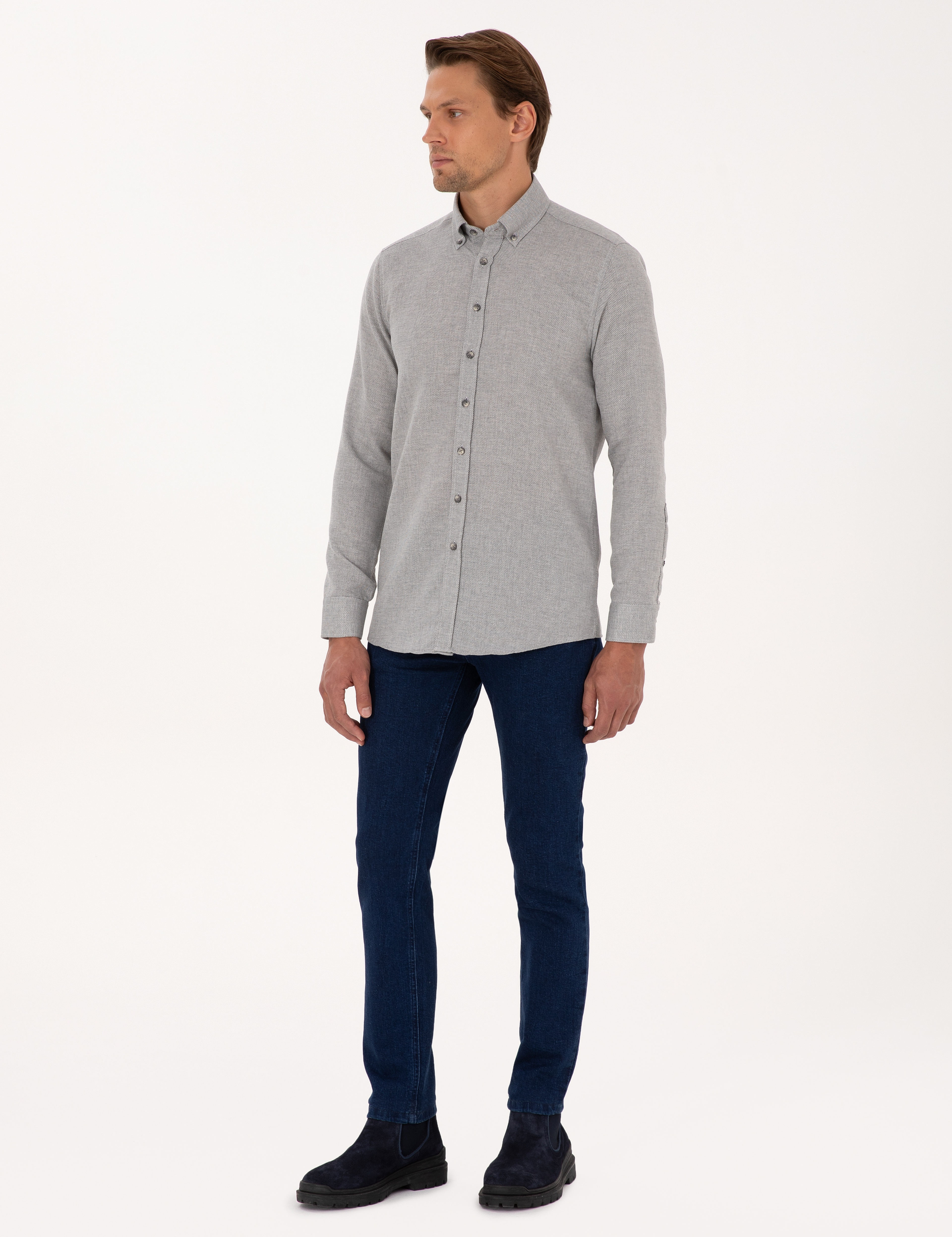 Gri Slim Fit Uzun Kollu Gömlek - Image 4