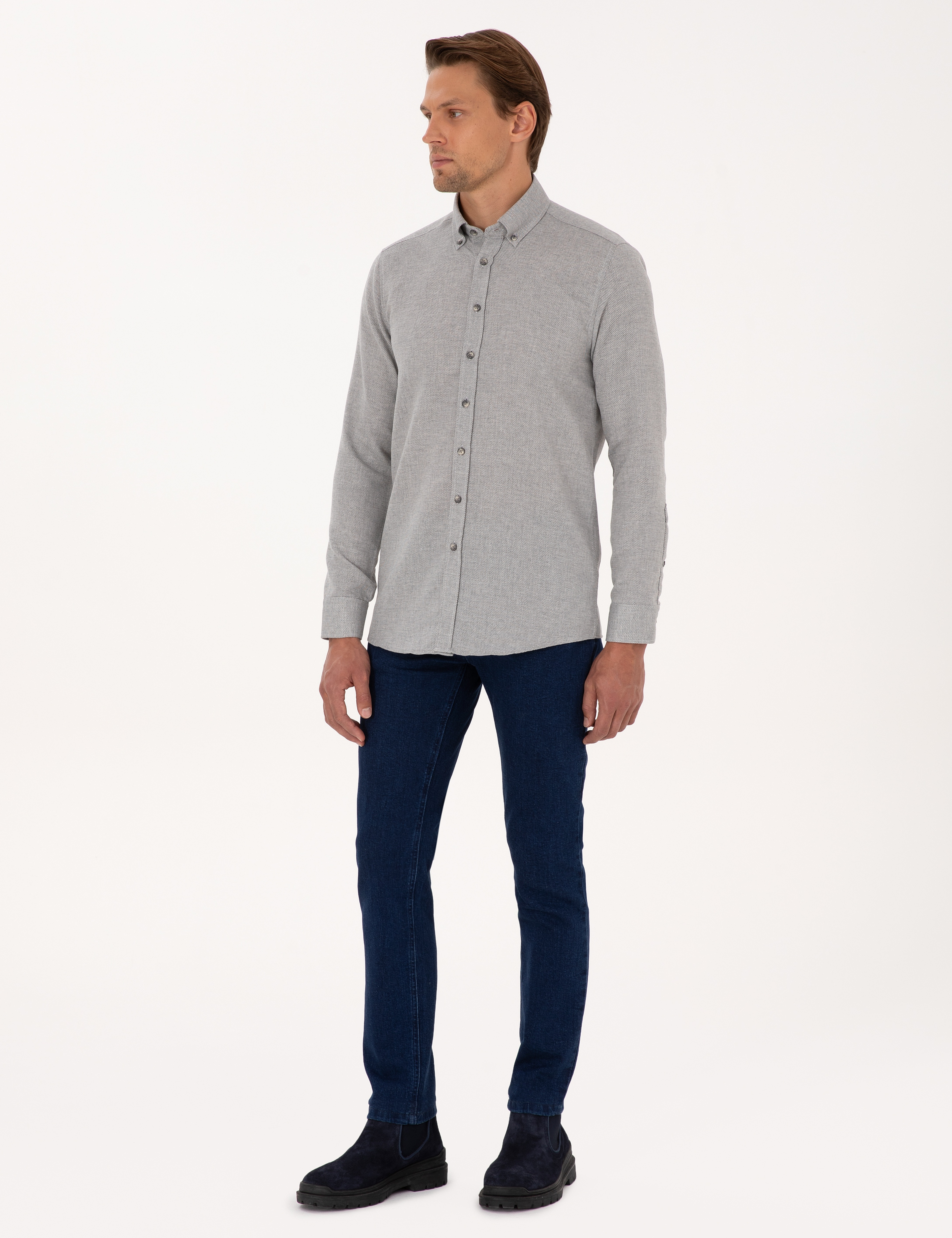 Gri Slim Fit Uzun Kollu Gömlek