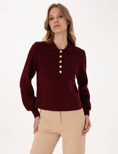 Vişne Slim Fit Polo Yaka Kazak