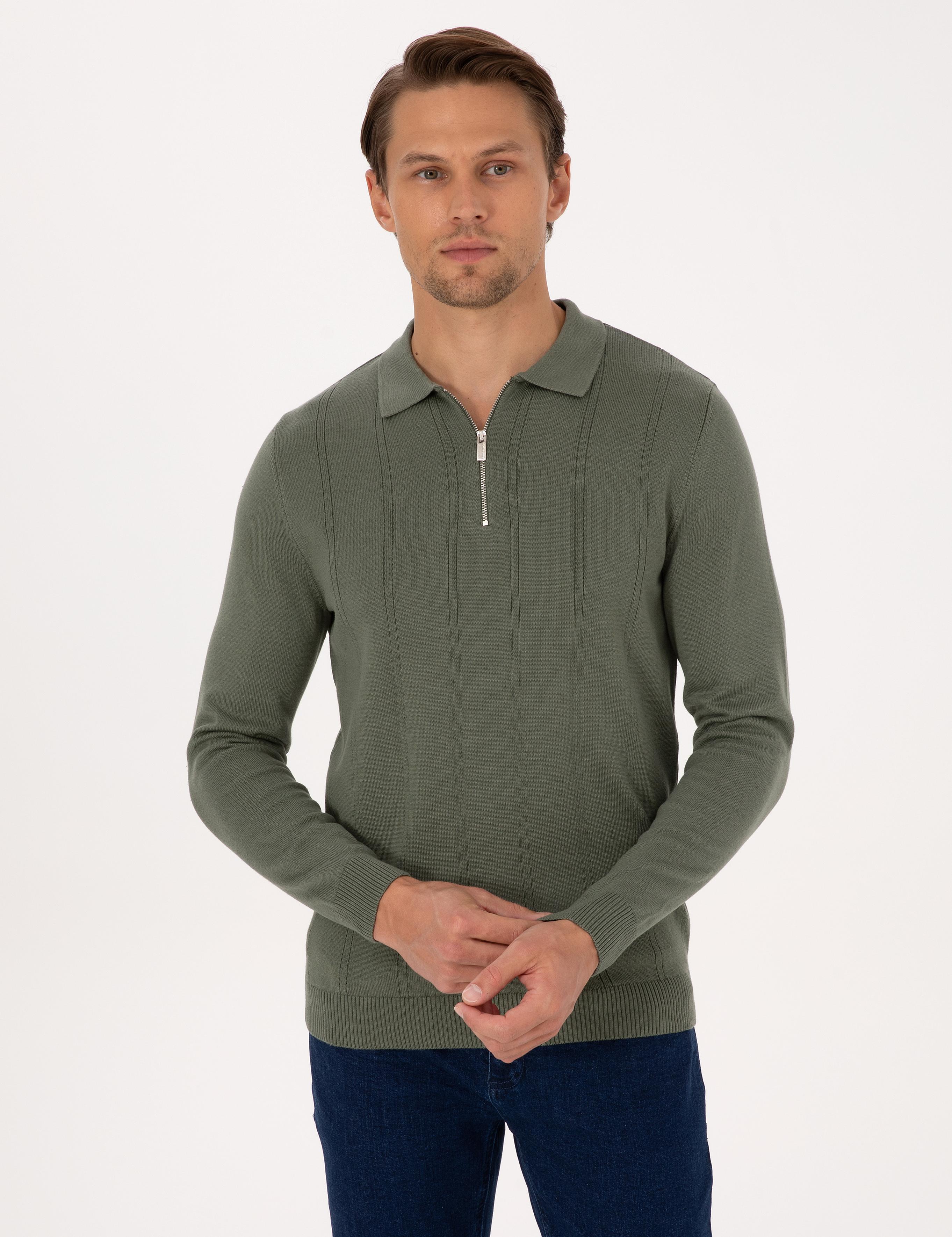 Duman Slim Fit Polo Yaka Fermuarlı Triko Kazak