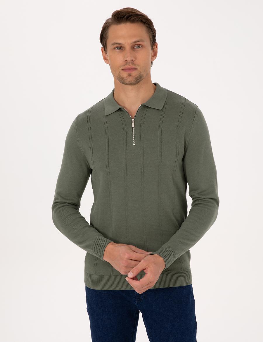 Duman Slim Fit Polo Yaka Fermuarlı Triko Kazak