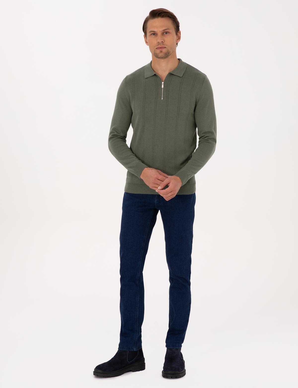 Duman Slim Fit Polo Yaka Fermuarlı Triko Kazak - 50317398021