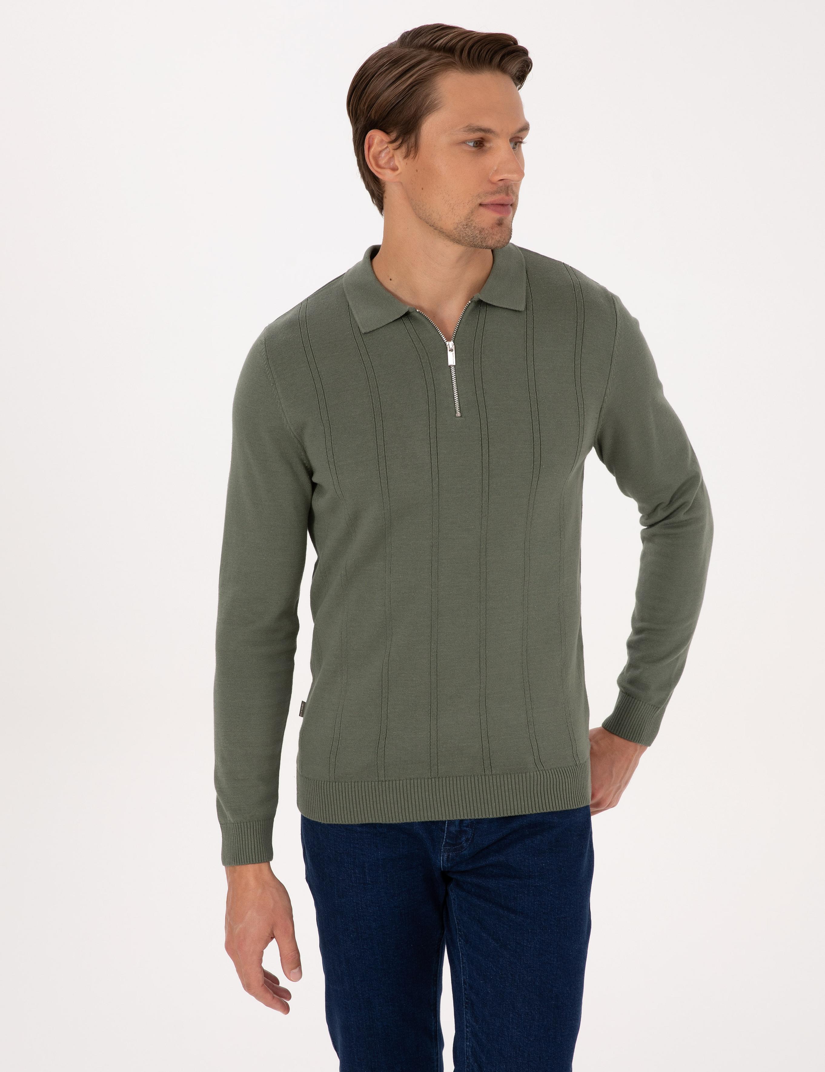 Duman Slim Fit Polo Yaka Fermuarlı Triko Kazak