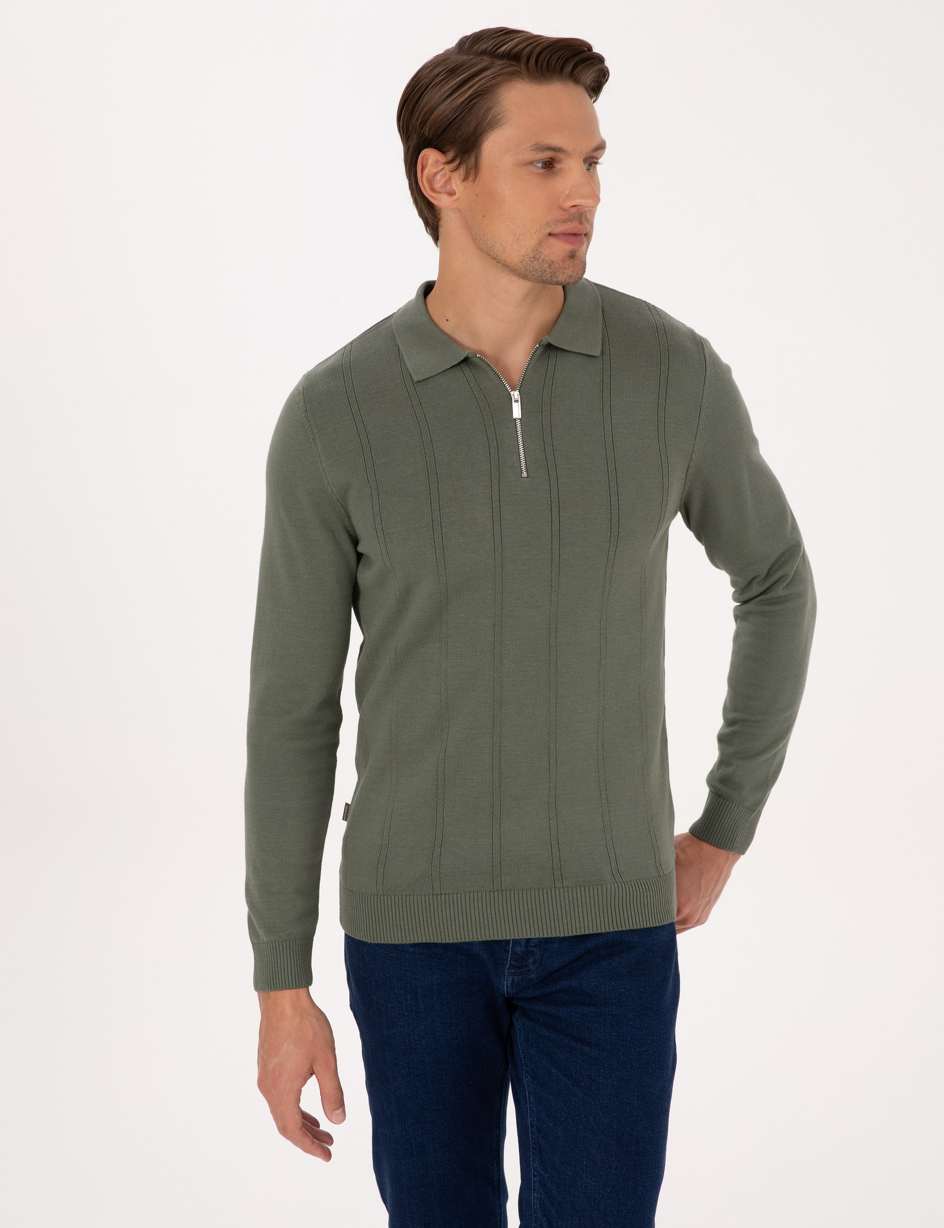 Duman Slim Fit Fermuarlı Polo Yaka Triko Kazak