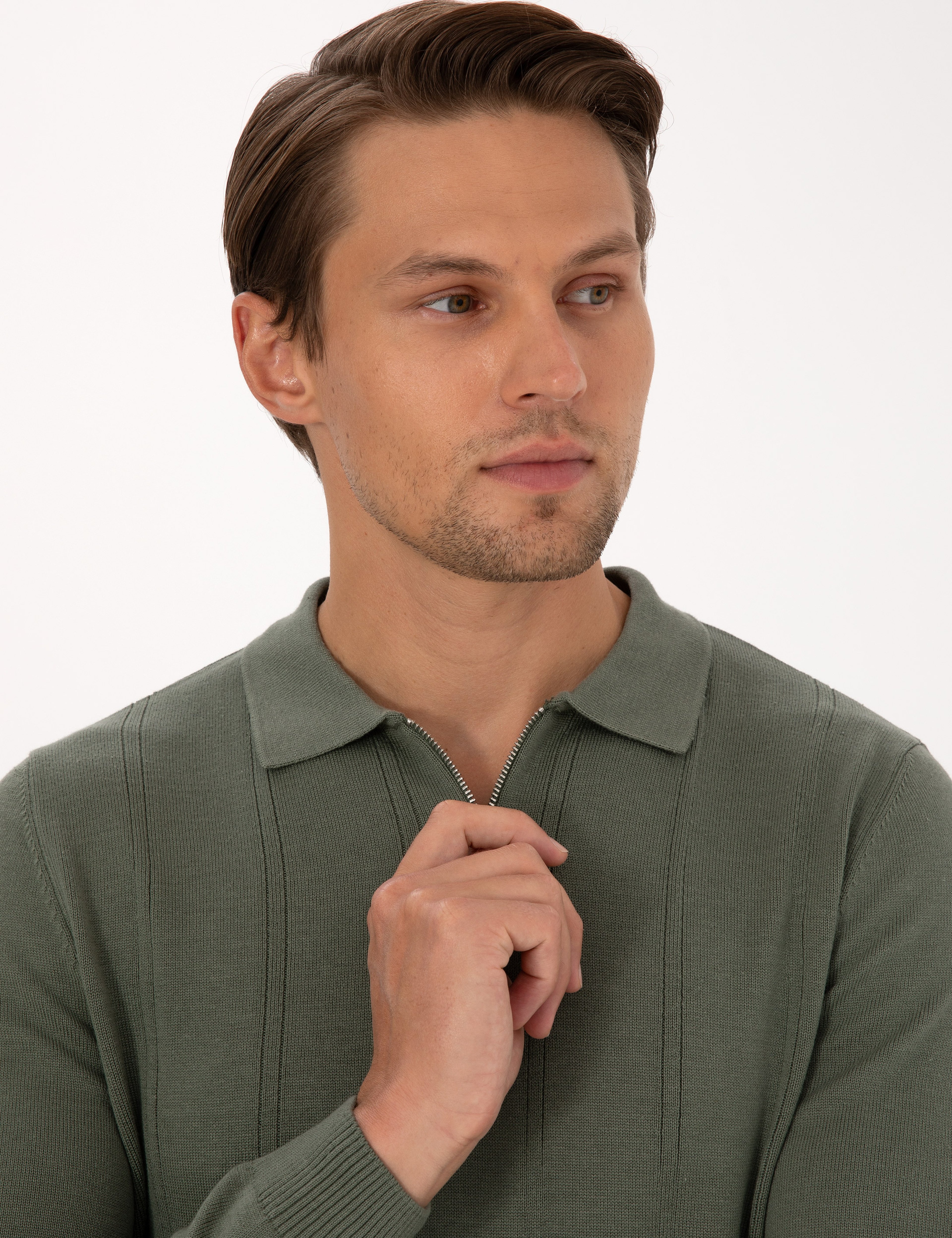 Duman Slim Fit Fermuarlı Polo Yaka Triko Kazak
