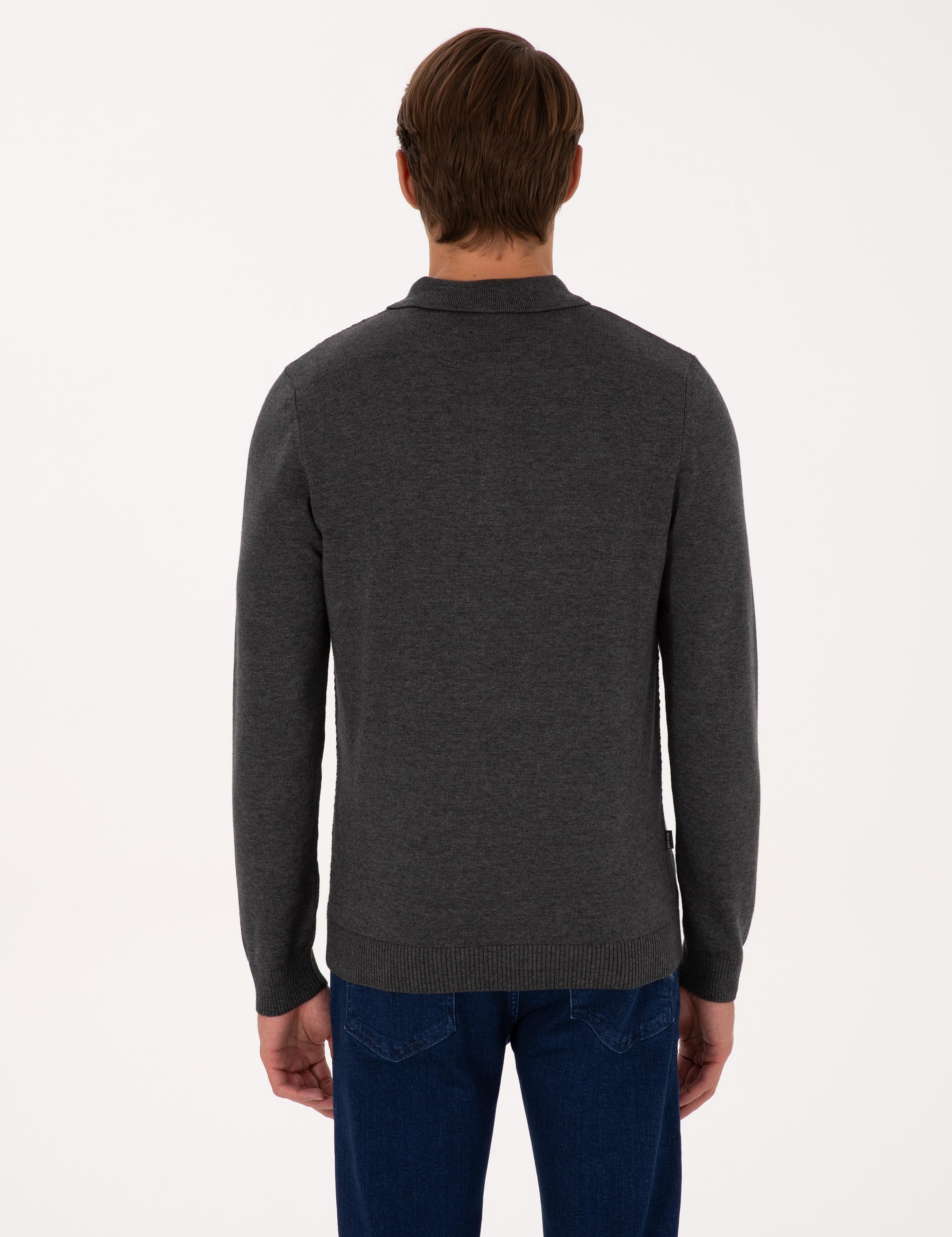 Antrasit Melanj Slim Fit Polo Yaka Düğmeli Triko Kazak