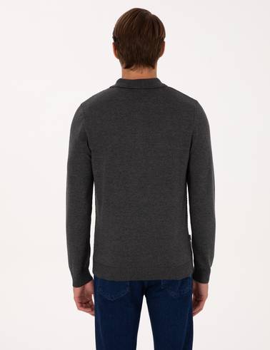 Antrasit Melanj Slim Fit Polo Yaka Düğmeli Triko Kazak