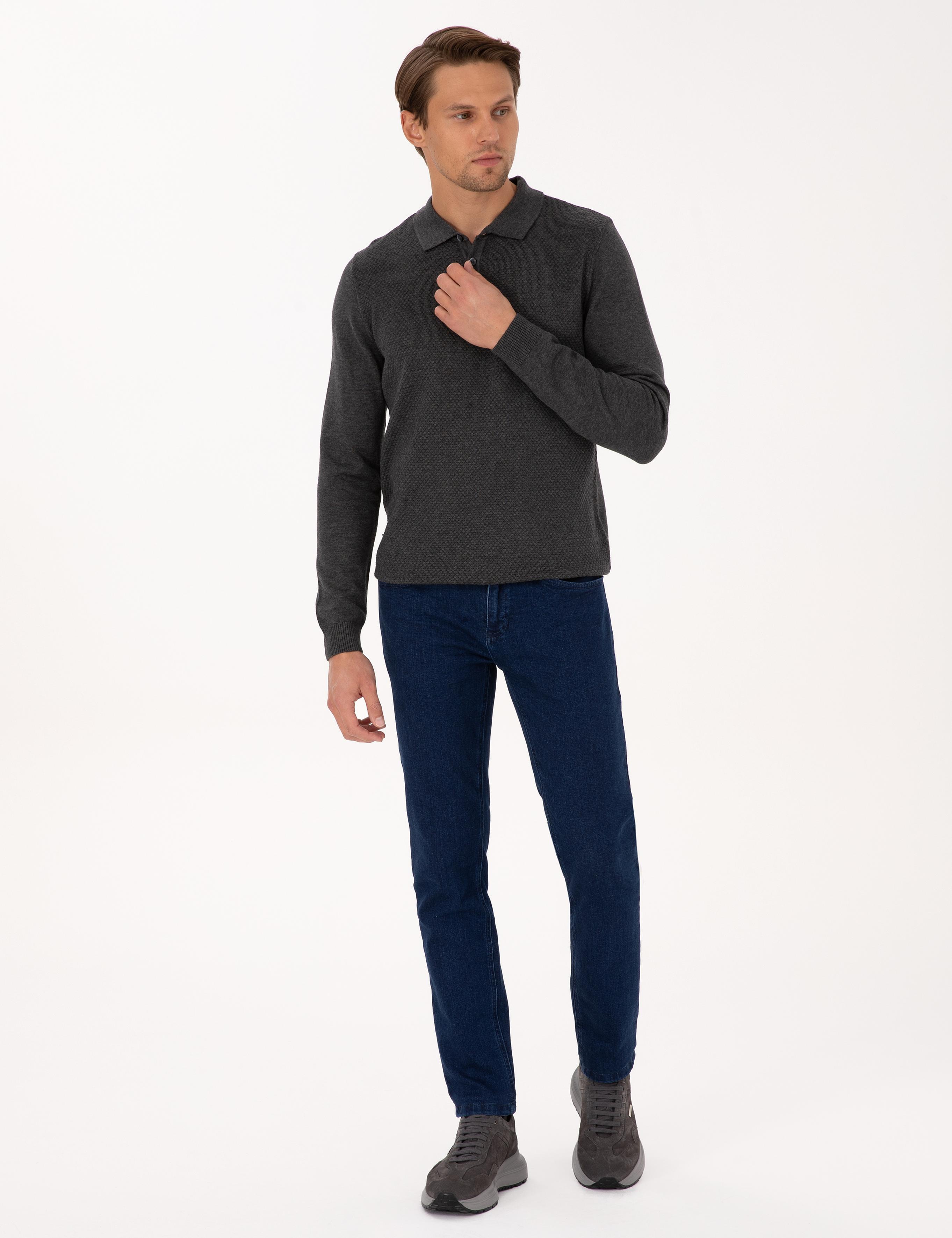 Antrasit Melanj Slim Fit Polo Yaka Düğmeli Triko Kazak