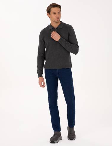 Antrasit Melanj Slim Fit Polo Yaka Düğmeli Triko Kazak