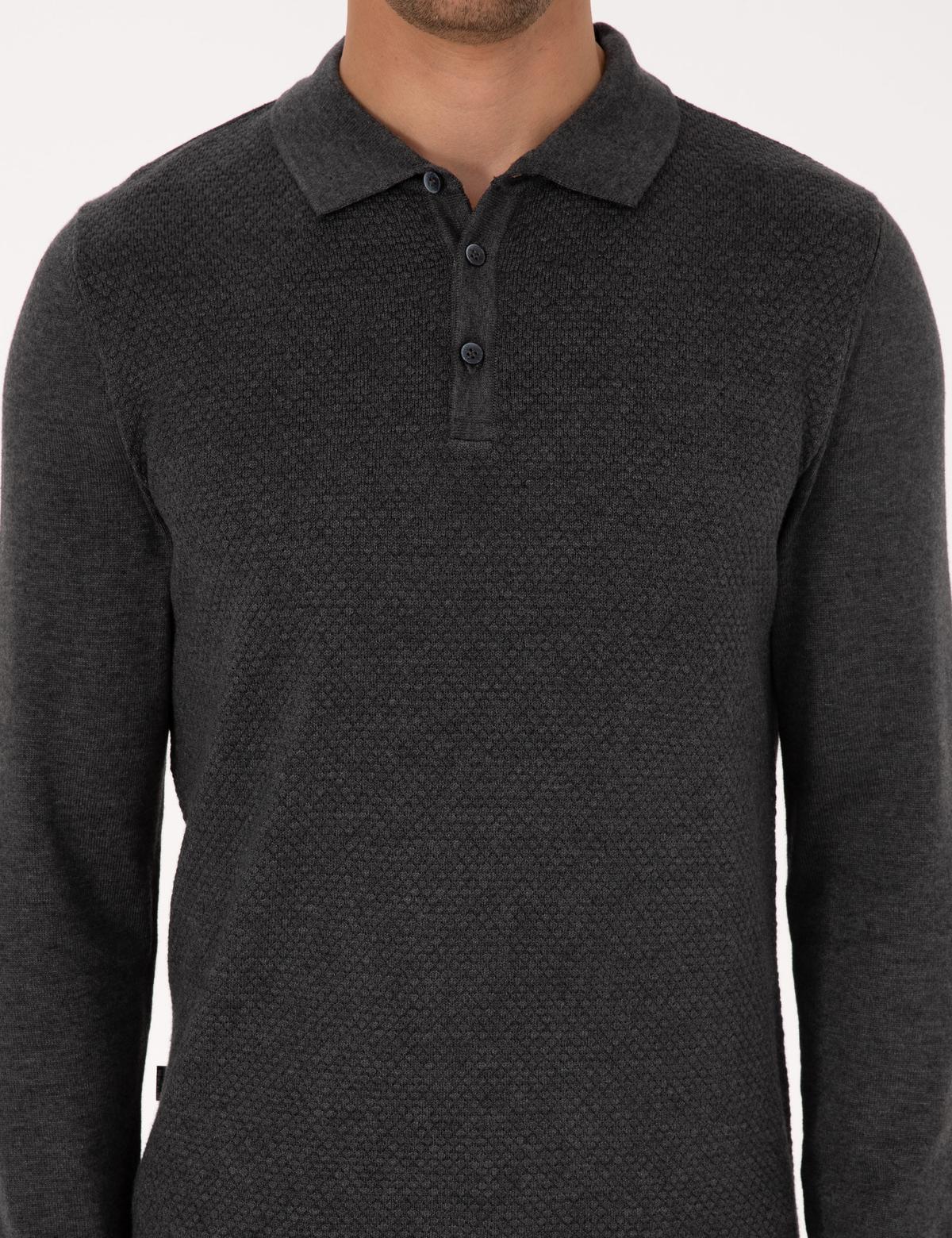 Antrasit Melanj Slim Fit Polo Yaka Düğmeli Triko Kazak - 50318036017