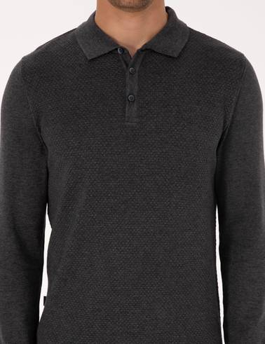 Antrasit Melanj Slim Fit Polo Yaka Düğmeli Triko Kazak
