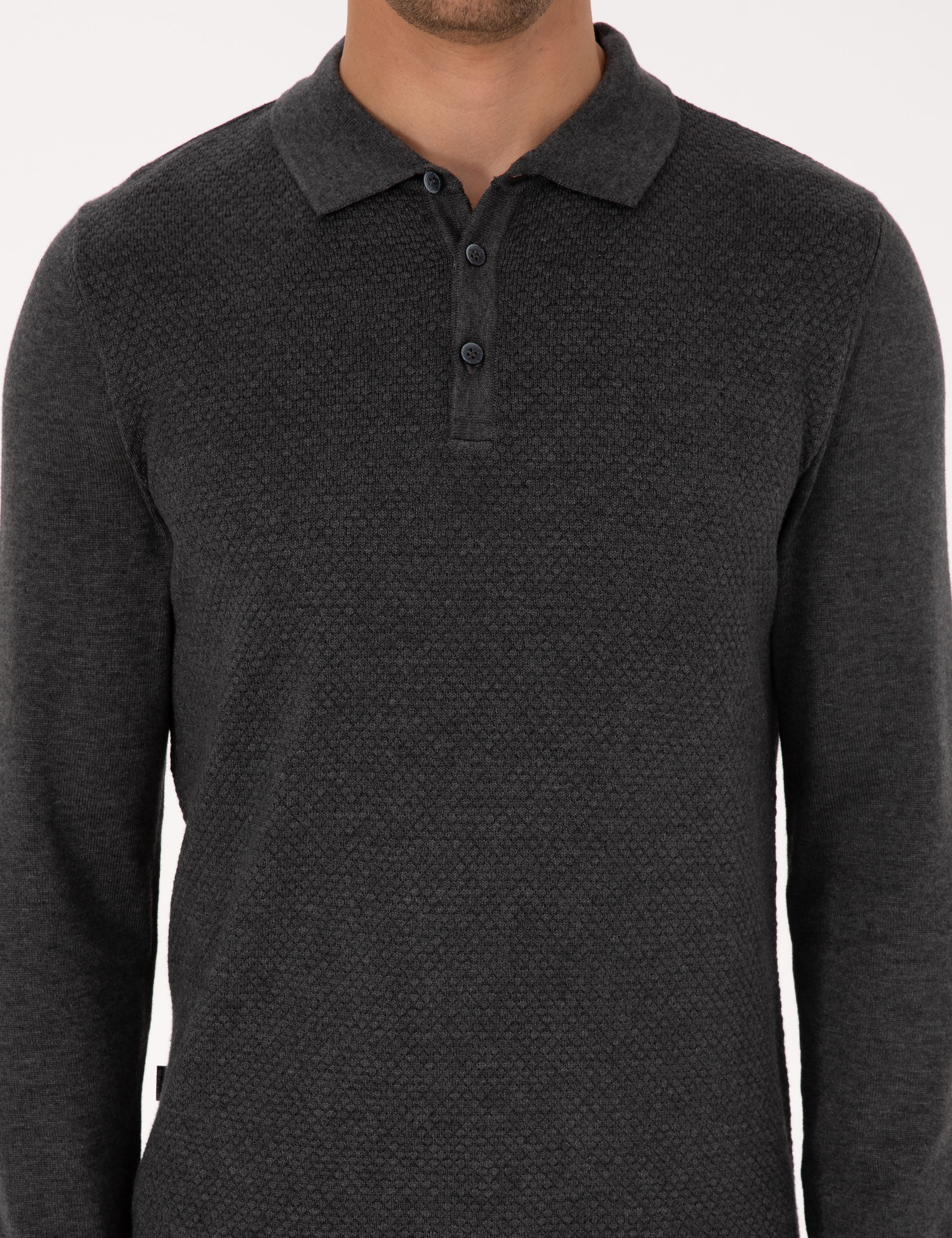 Antrasit Melanj Slim Fit Polo Yaka Düğmeli Triko Kazak
