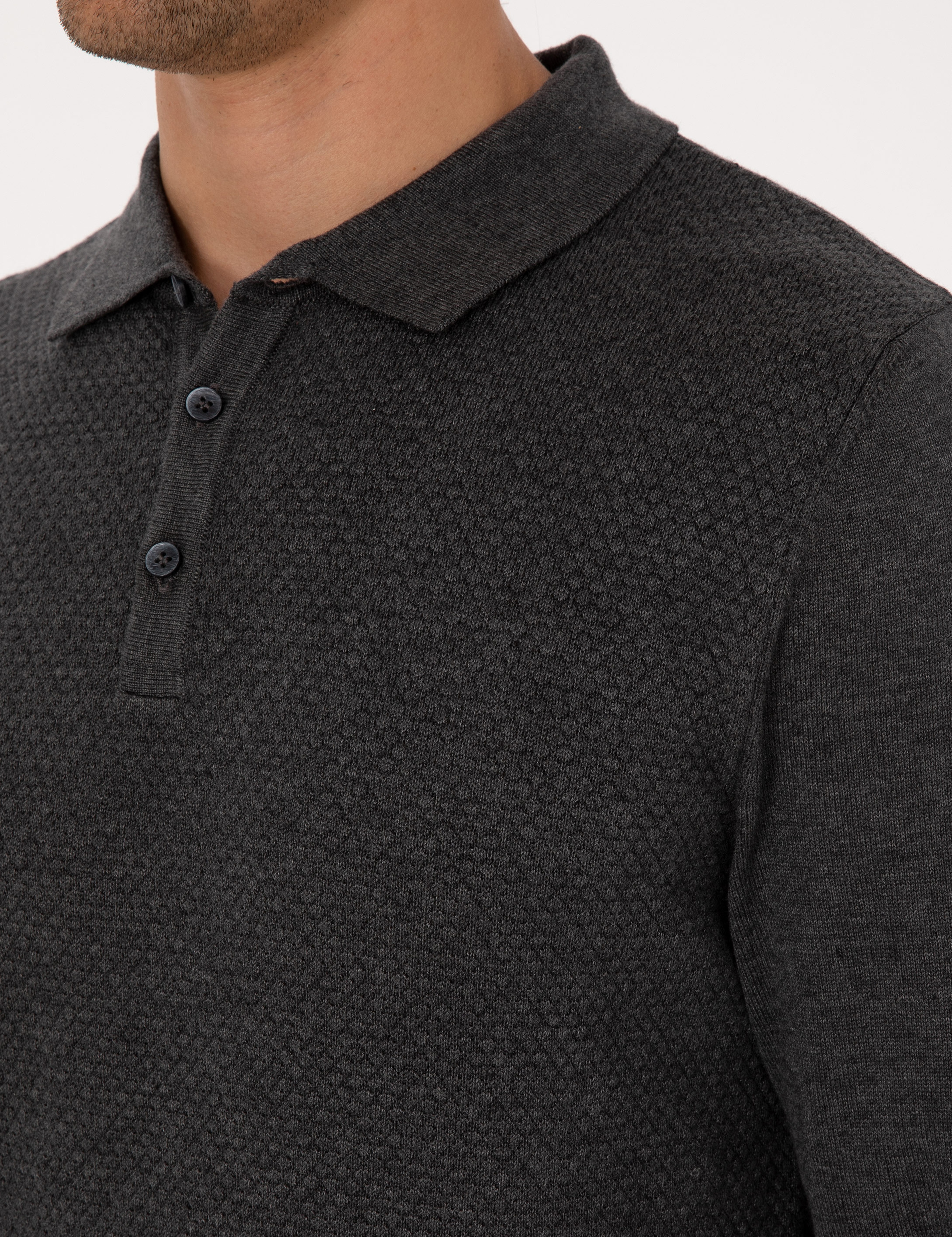Antrasit Melanj Slim Fit Polo Yaka Düğmeli Triko Kazak - Image 7