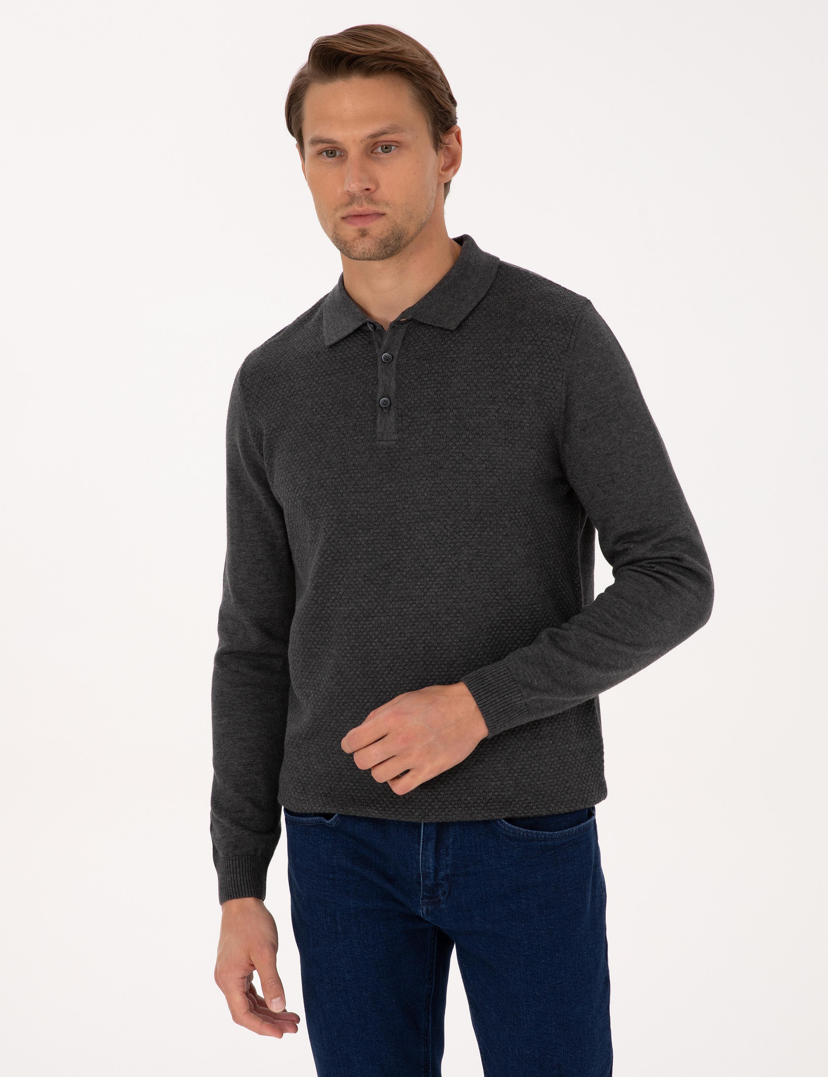 Antrasit Melanj Slim Fit Polo Yaka Düğmeli Triko Kazak