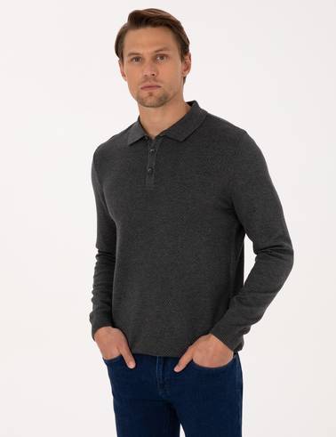 Antrasit Melanj Slim Fit Polo Yaka Düğmeli Triko Kazak