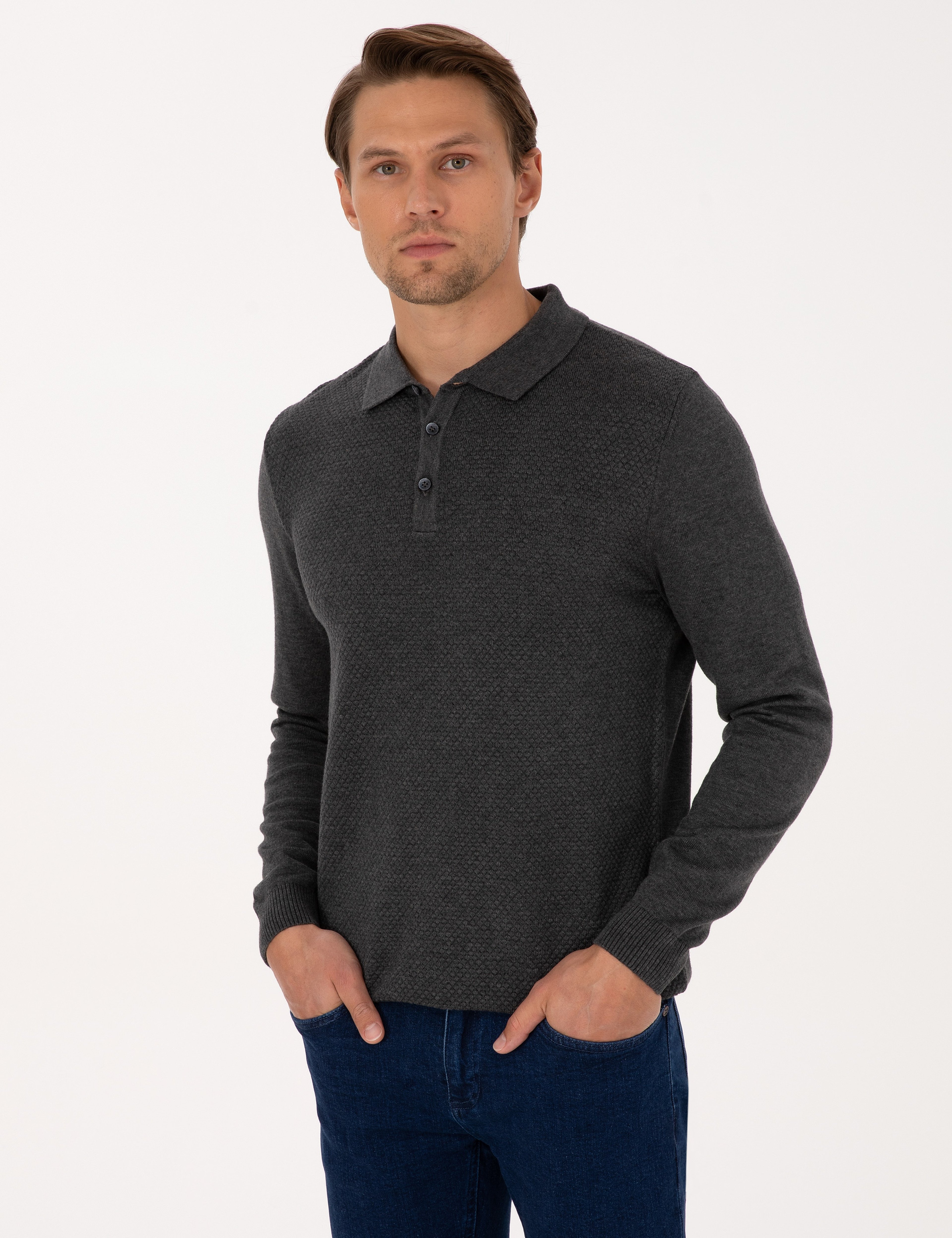 Antrasit Melanj Slim Fit Polo Yaka Düğmeli Triko Kazak - Image 1
