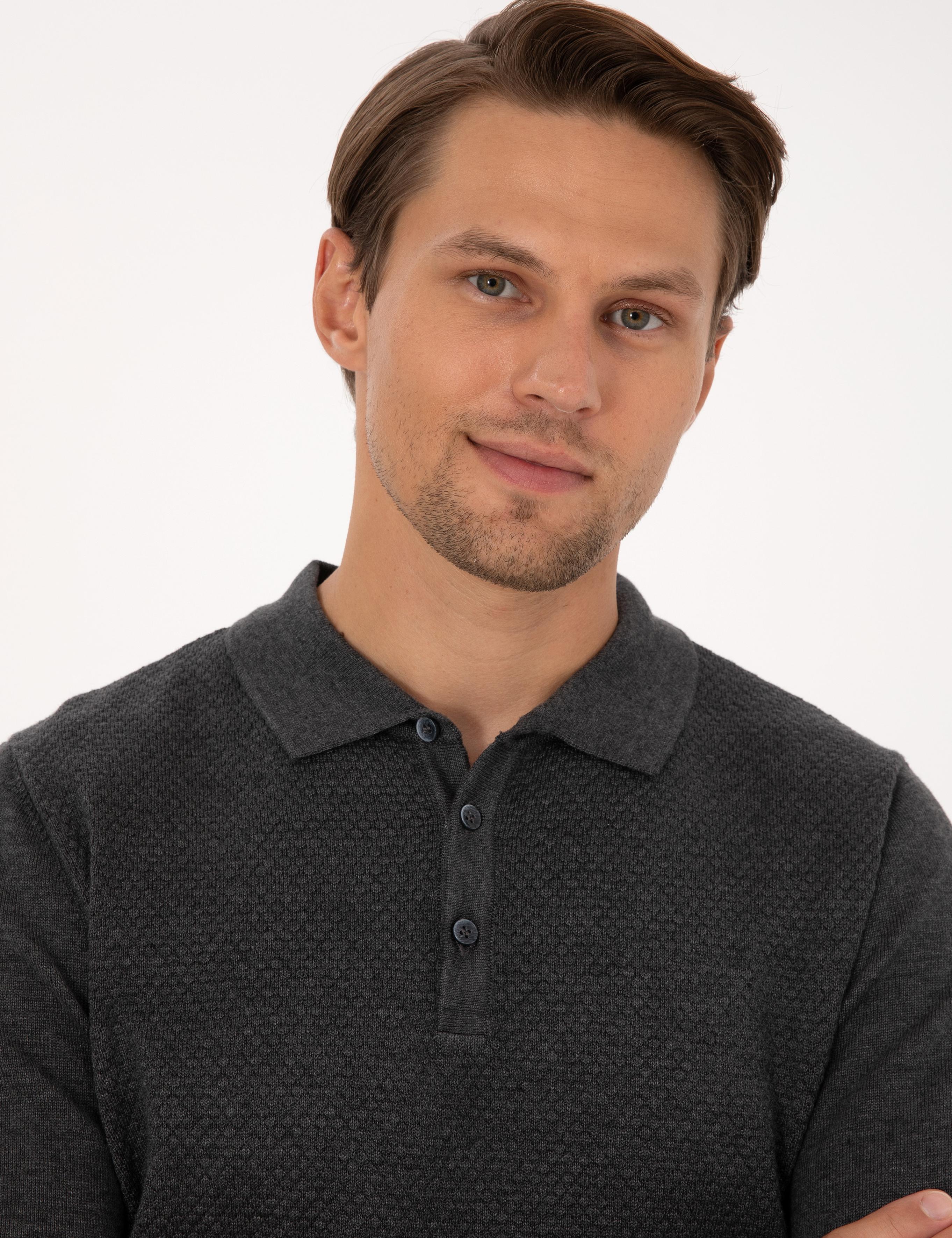 Antrasit Melanj Slim Fit Polo Yaka Düğmeli Triko Kazak