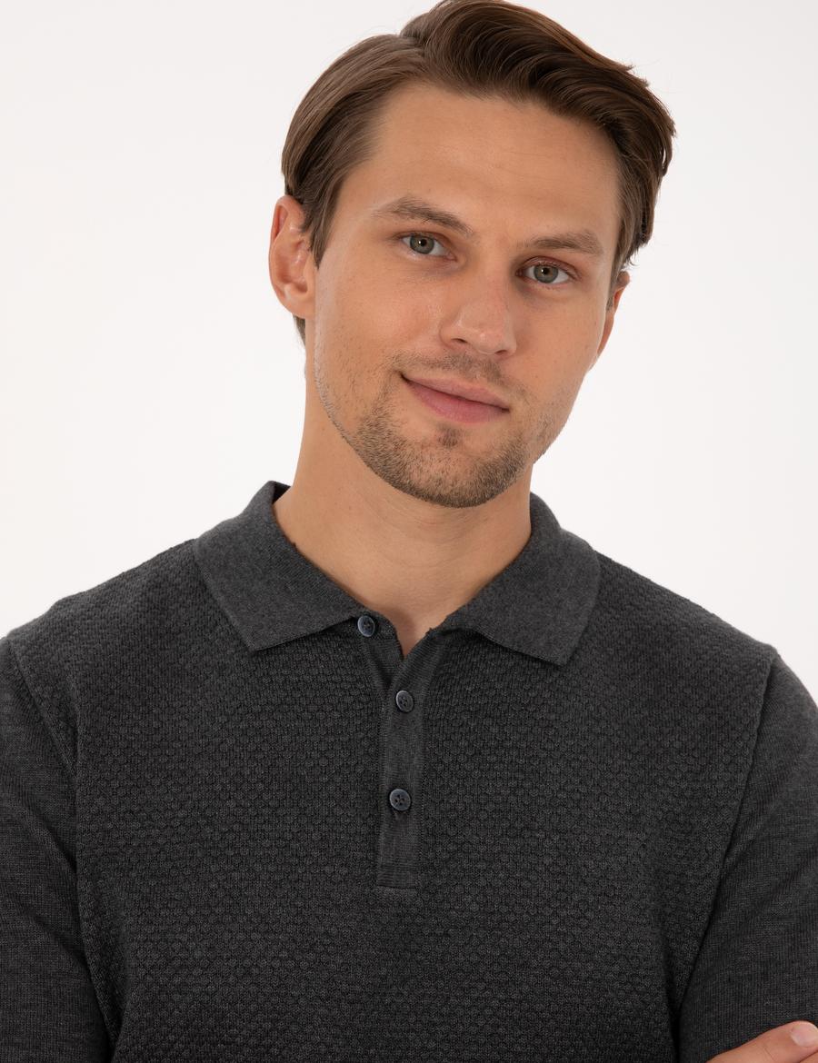 Antrasit Melanj Slim Fit Polo Yaka Düğmeli Triko Kazak