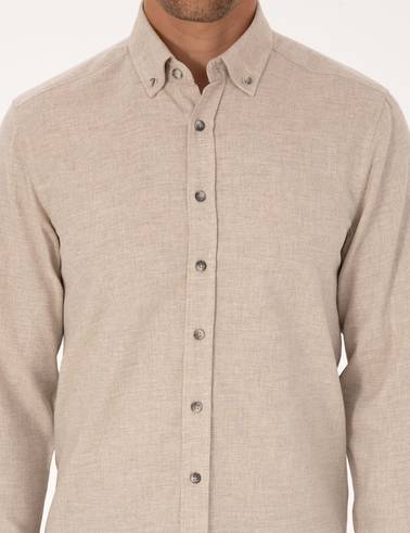 Bej Flanel Dokulu Slim Fit Uzun Kollu Gömlek