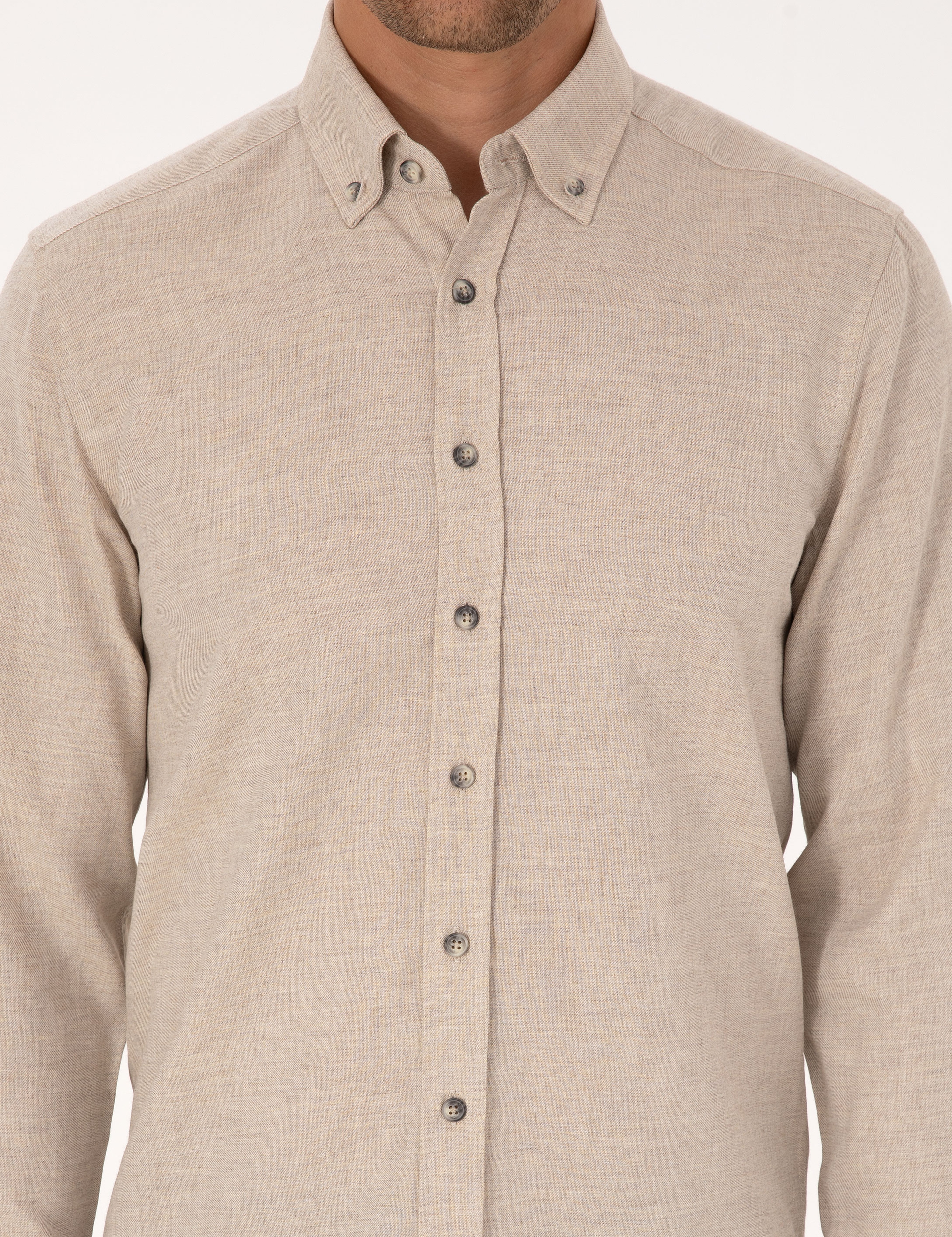Bej Flanel Dokulu Slim Fit Uzun Kollu Gömlek - Image 6
