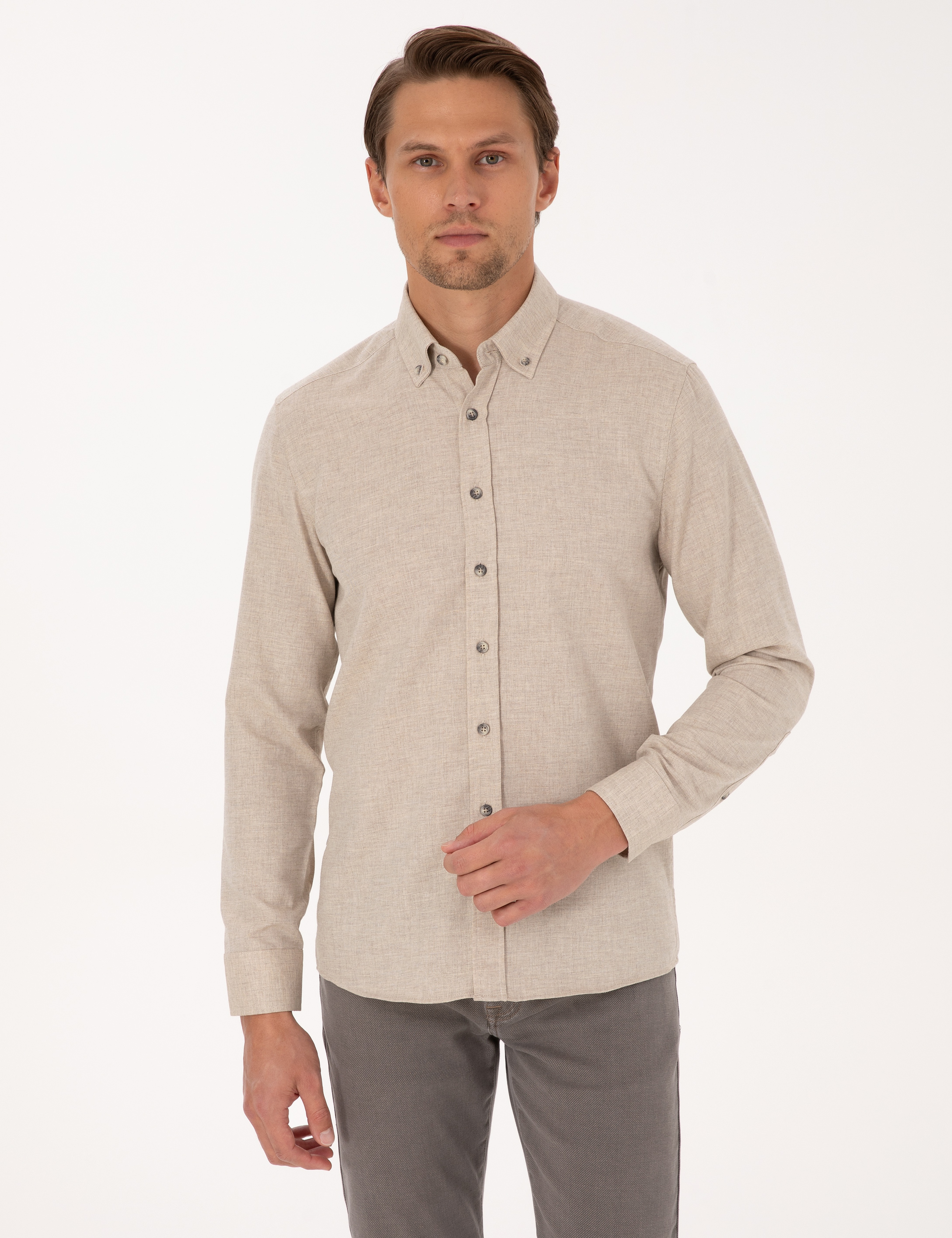 Bej Flanel Dokulu Slim Fit Uzun Kollu Gömlek - Image 1