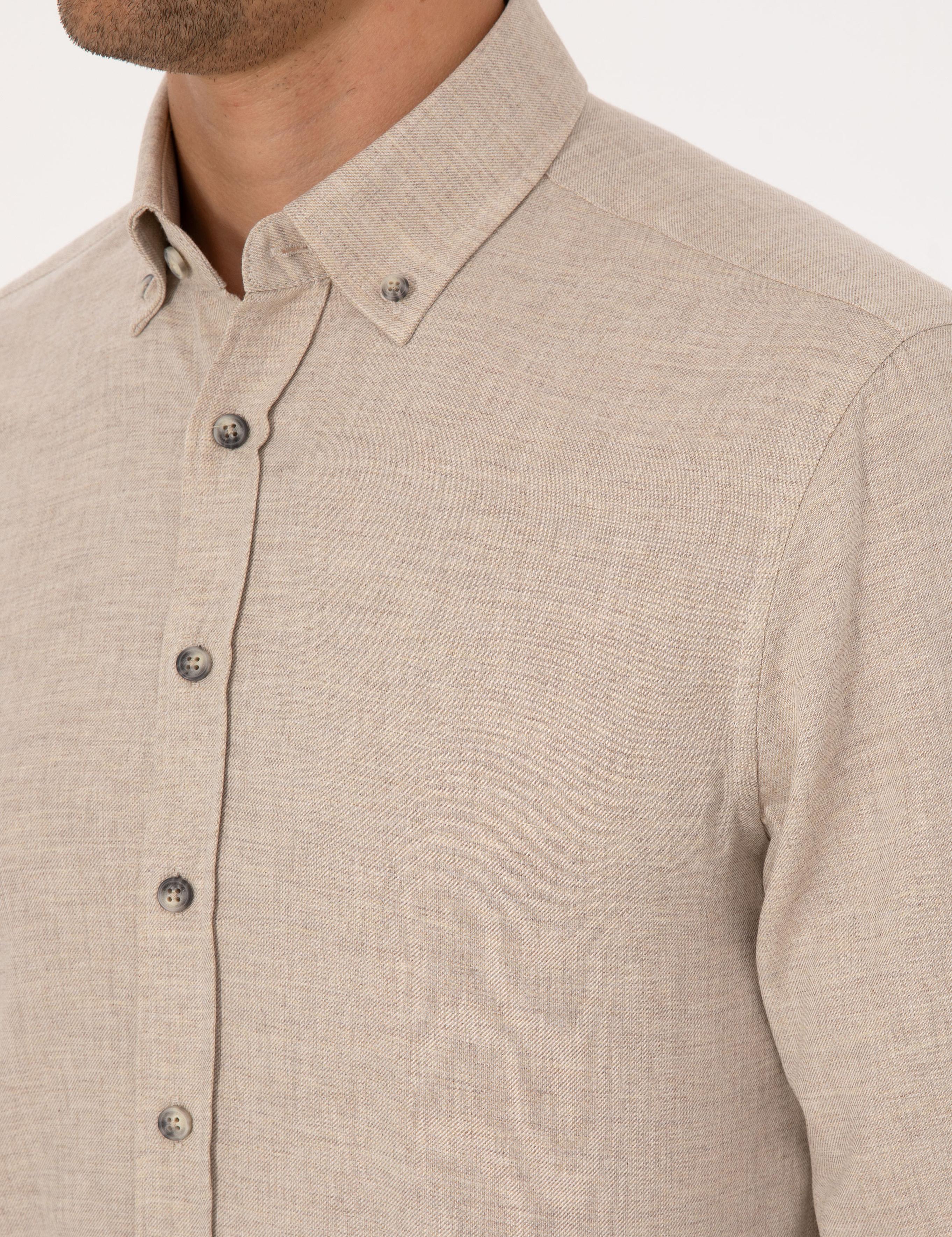 Bej Flanel Dokulu Slim Fit Uzun Kollu Gömlek