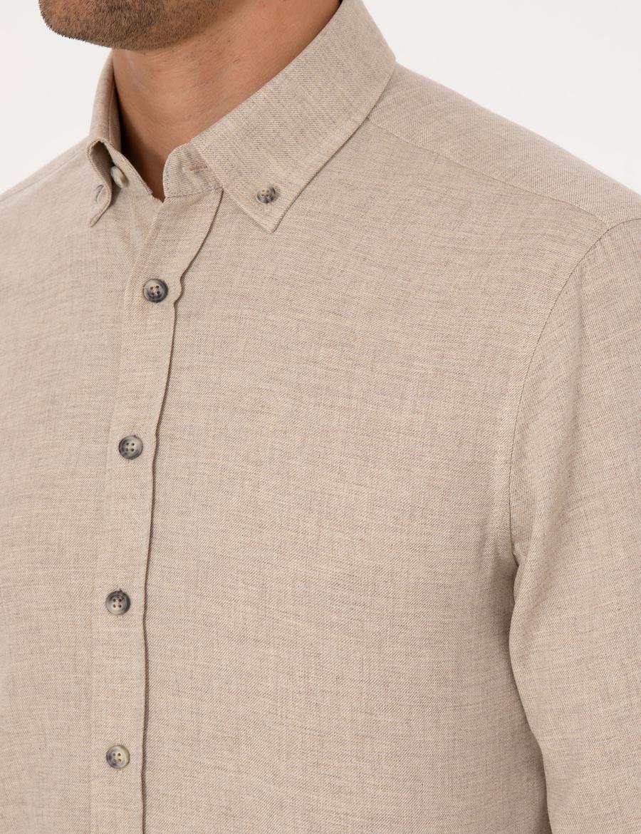 Bej Flanel Dokulu Slim Fit Uzun Kollu Gömlek
