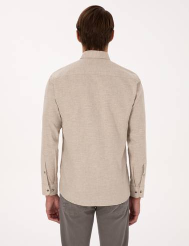 Bej Flanel Dokulu Slim Fit Uzun Kollu Gömlek
