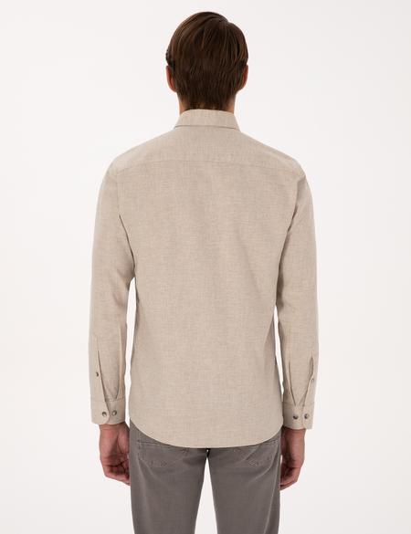 Bej Flanel Dokulu Slim Fit Uzun Kollu Gömlek - 50316751060