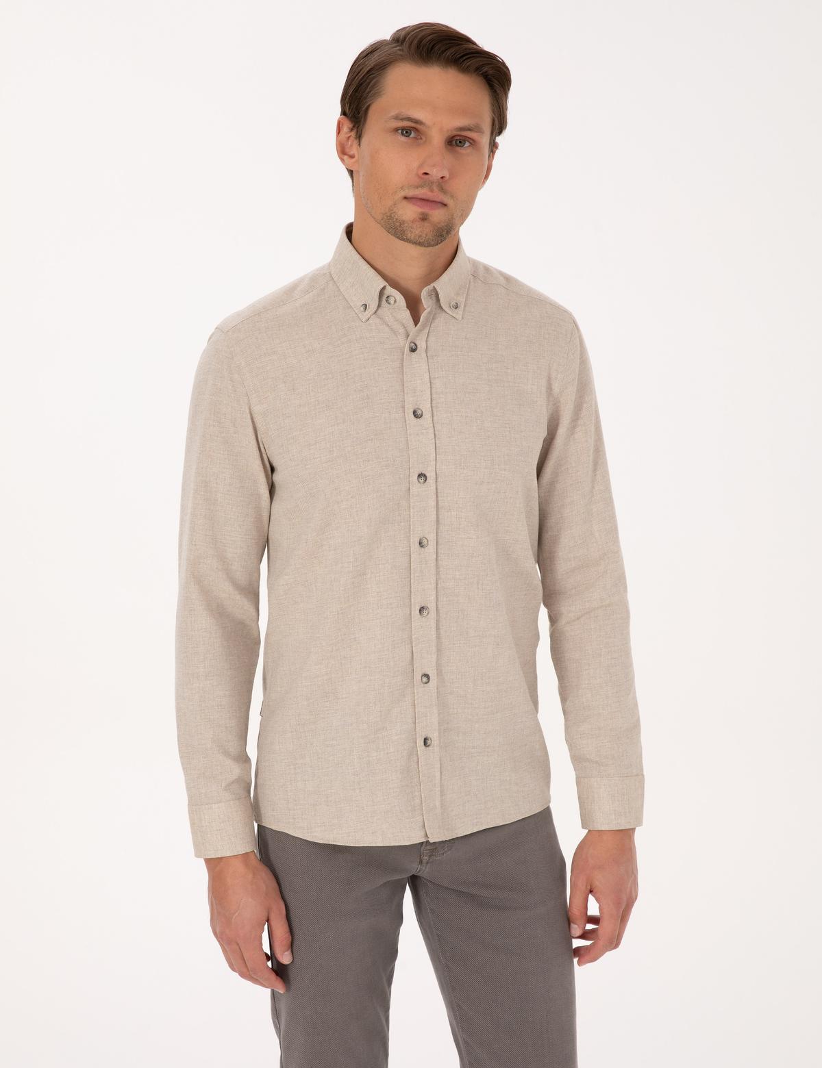 Bej Flanel Dokulu Slim Fit Uzun Kollu Gömlek - 50316751060