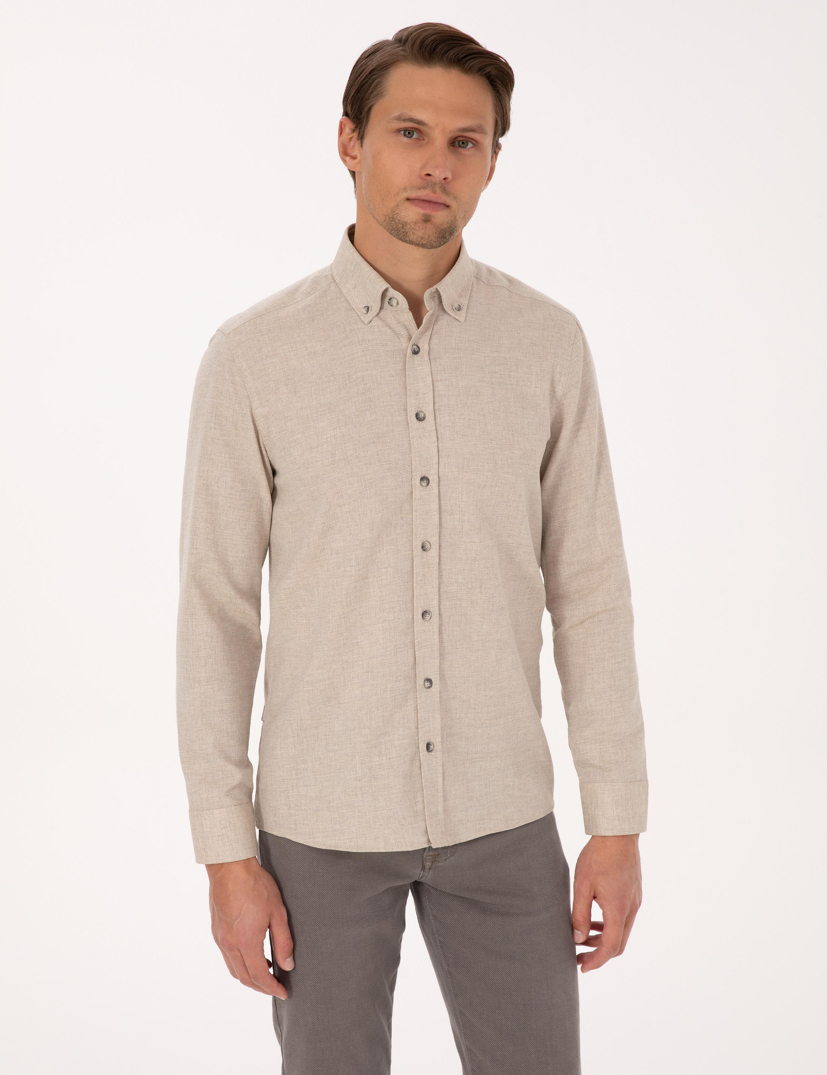 Bej Flanel Dokulu Slim Fit Uzun Kollu Gömlek