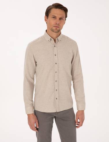 Bej Flanel Dokulu Slim Fit Uzun Kollu Gömlek
