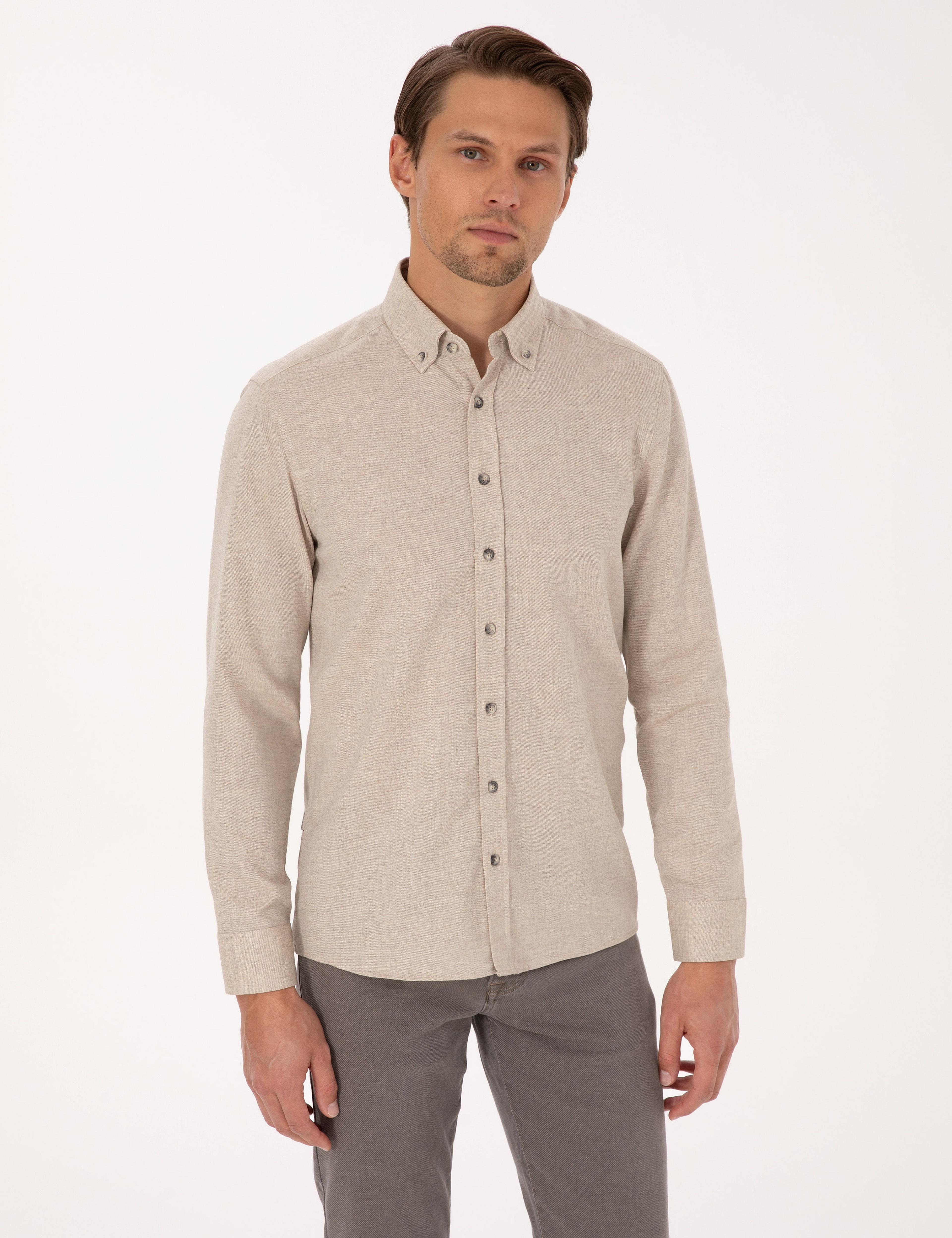 Bej Flanel Dokulu Slim Fit Uzun Kollu Gömlek - Image 3