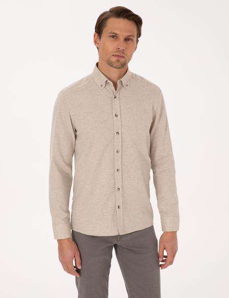 Bej Flanel Dokulu Slim Fit Uzun Kollu Gömlek - 50316751060