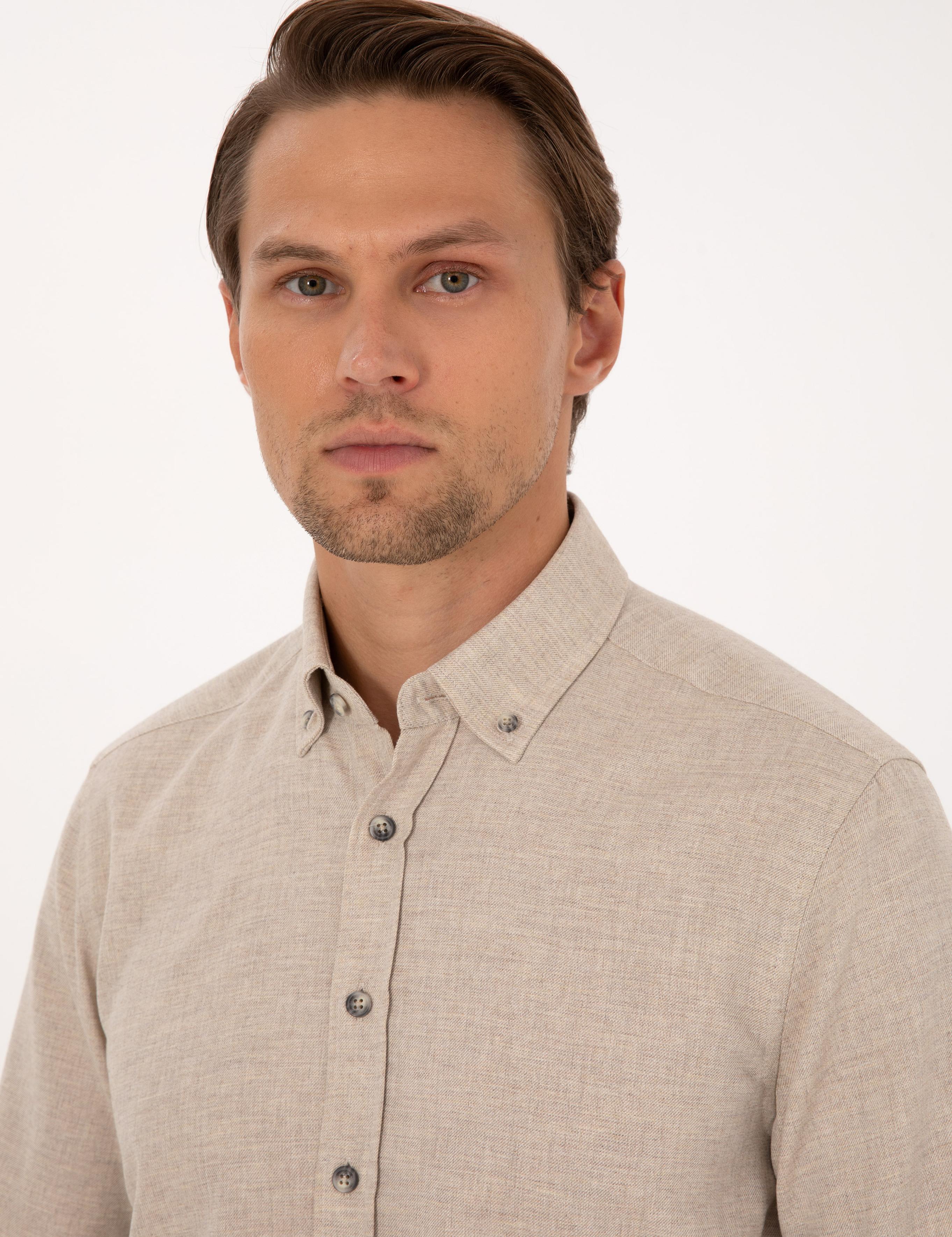 Bej Flanel Dokulu Slim Fit Uzun Kollu Gömlek