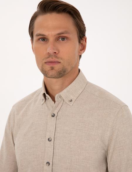 Bej Flanel Dokulu Slim Fit Uzun Kollu Gömlek - 50316751060