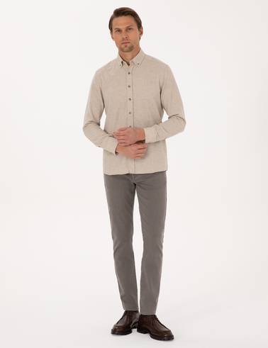 Bej Flanel Dokulu Slim Fit Uzun Kollu Gömlek