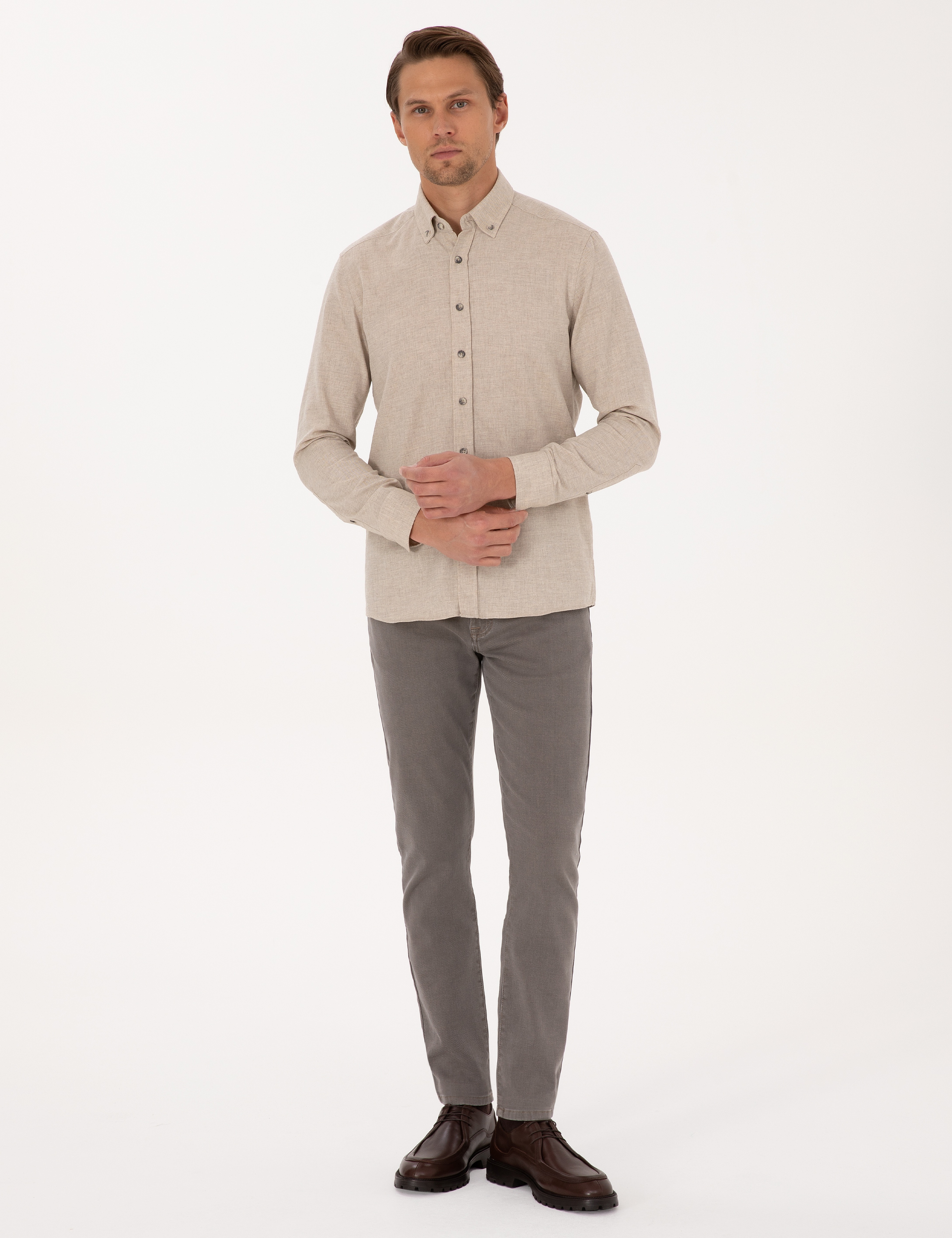 Bej Flanel Dokulu Slim Fit Uzun Kollu Gömlek - Image 4