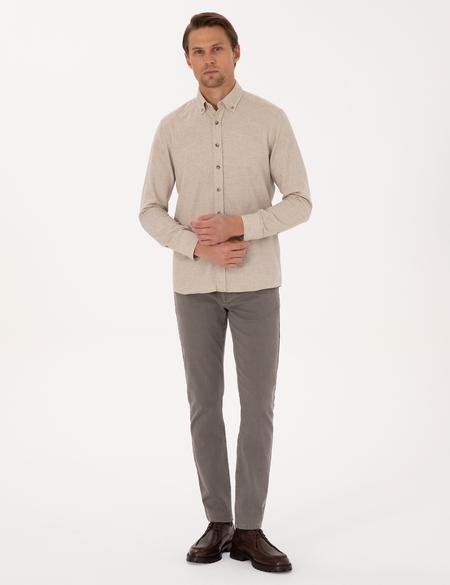 Bej Flanel Dokulu Slim Fit Uzun Kollu Gömlek - 50316751060