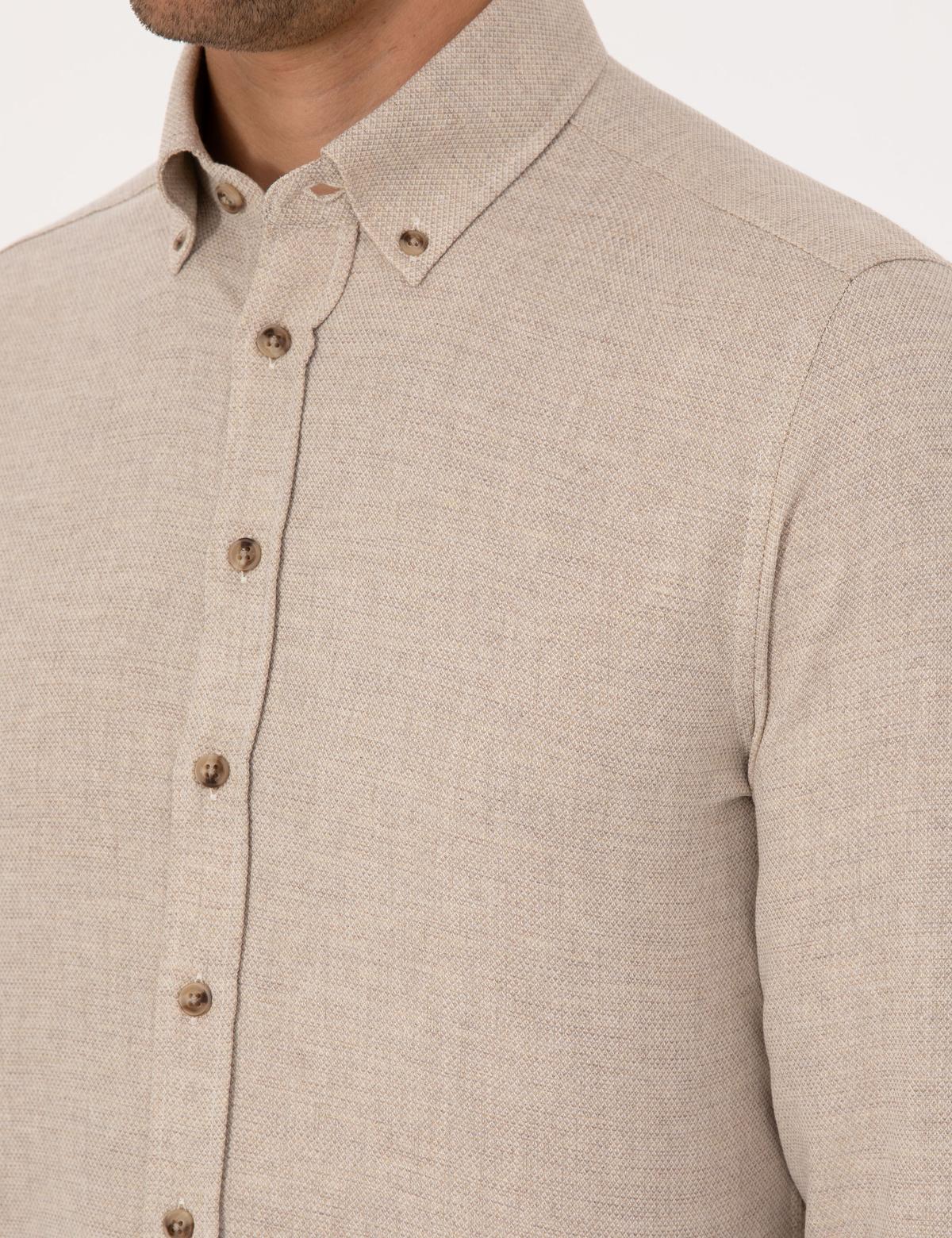 Bej Slim Fit Dokulu Uzun Kollu Gömlek - 50316768008