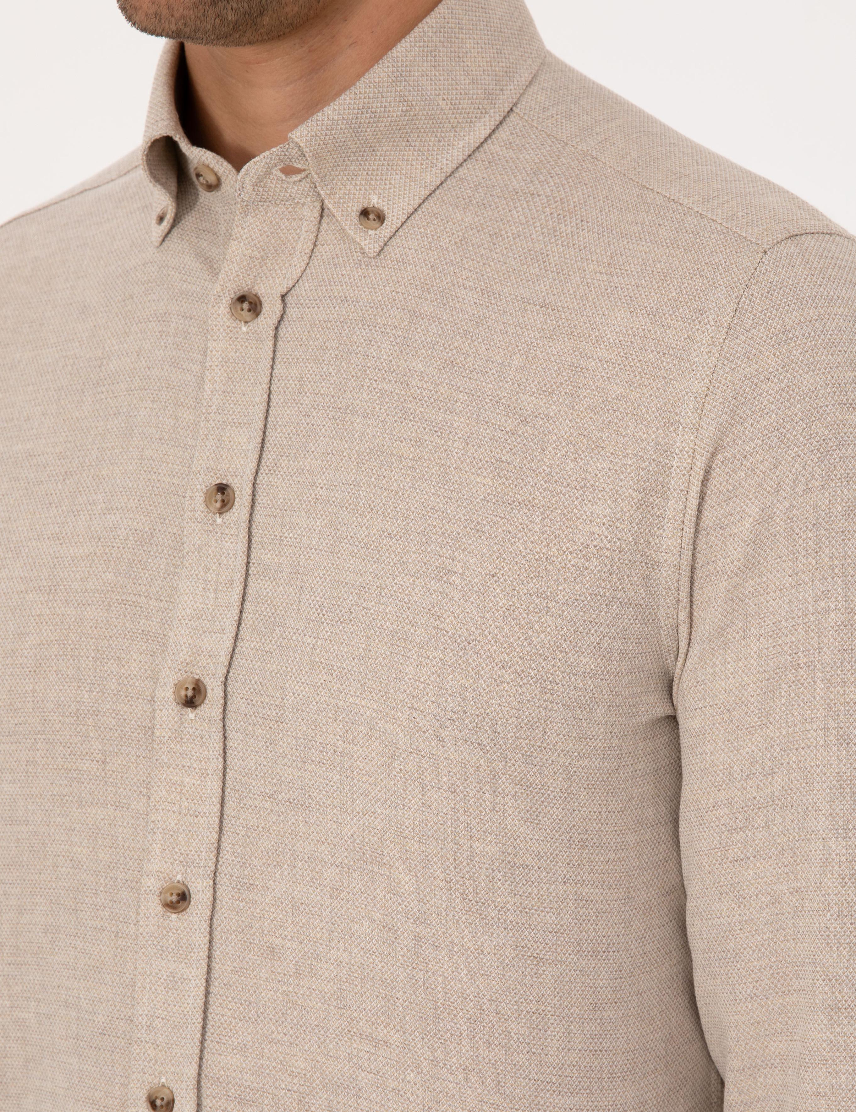 Bej Slim Fit Dokulu Uzun Kollu Gömlek