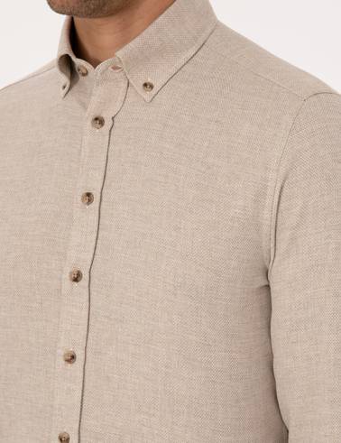 Bej Slim Fit Dokulu Uzun Kollu Gömlek
