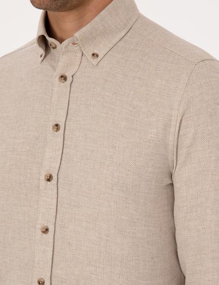 Bej Slim Fit Dokulu Uzun Kollu Gömlek - 50316768008